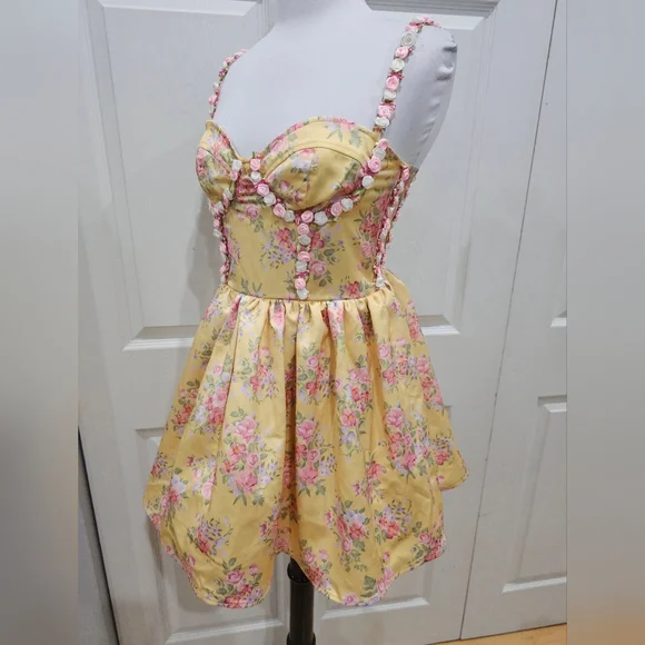 Dolls Kill Sugar Thrillz Yellow Floral Princess Party Mini Dress S - Picture 12 of 14